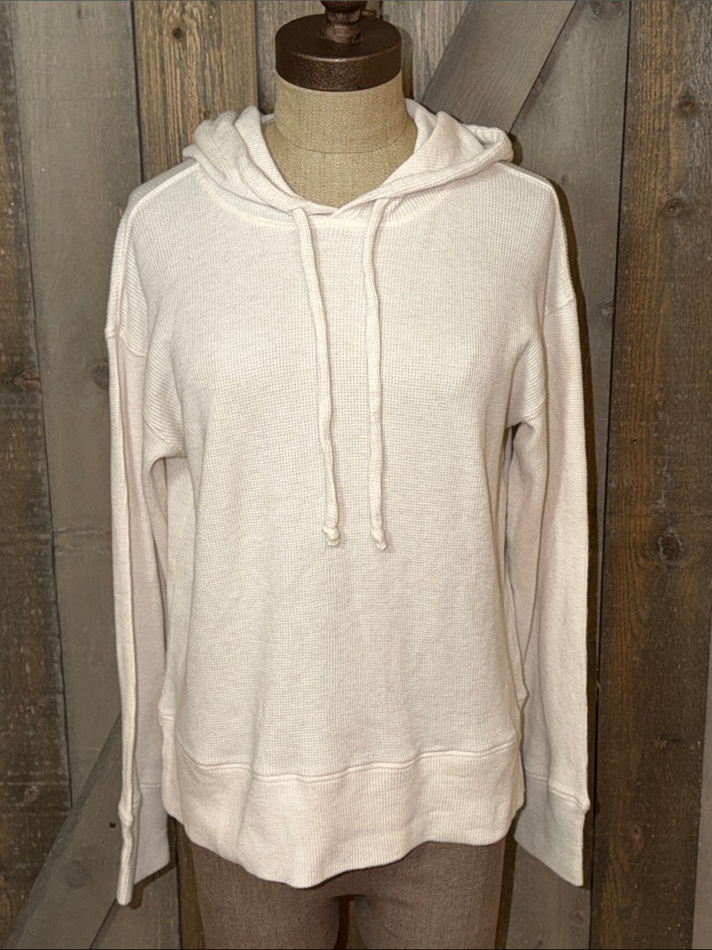 Natural Reflections Waffle Knit Hoodie Small Cream Cotton Thermal Pullover Top